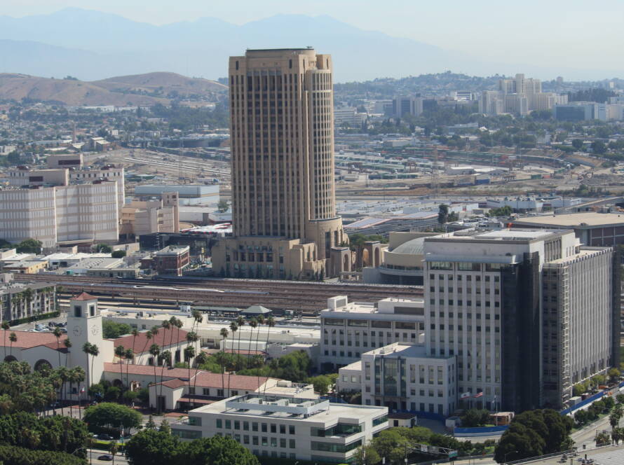 Towering skyscraper in downtown Los Angeles symbolizing strategic dominance amid competition