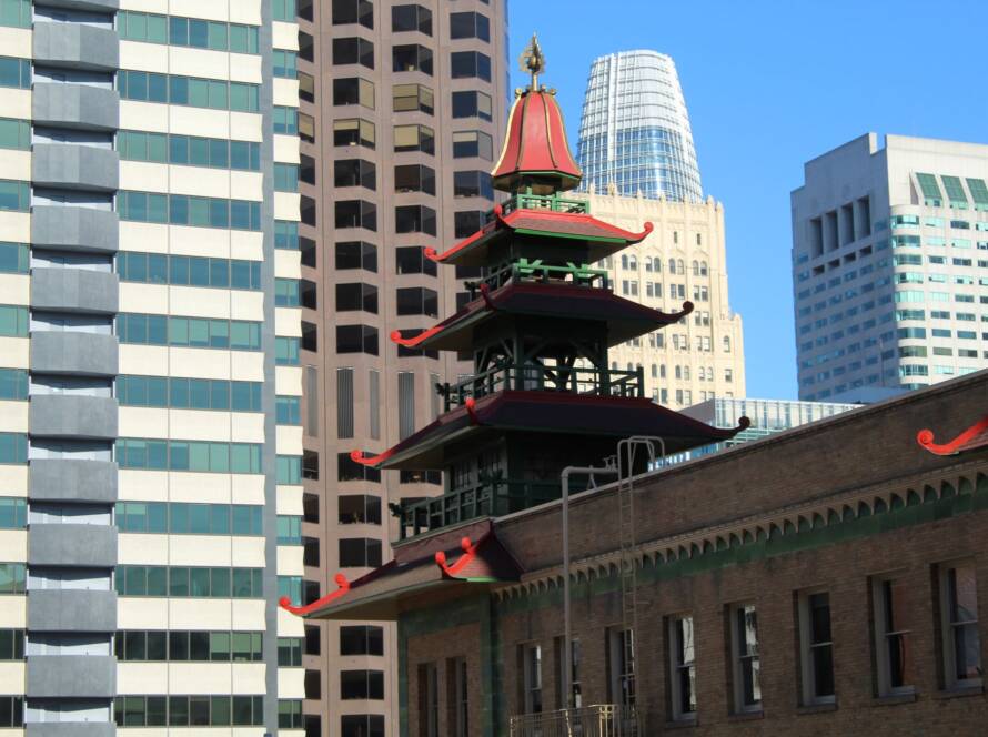 Traditional pagoda-style building contrasted against modern skyscrapers, symbolizing fragmented strategy versus cohesive execution.